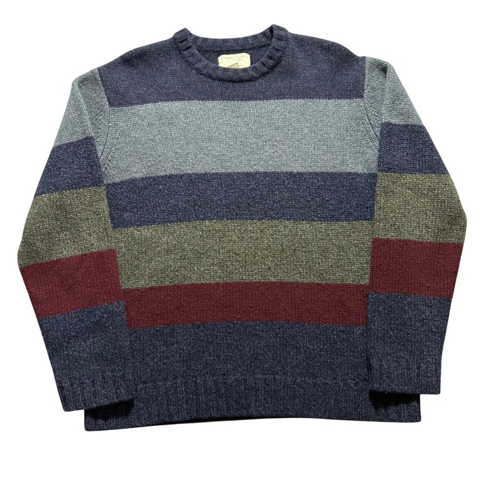 VTG American Eagle Sweater Mens L Blue Striped Lambswool Crew Neck Knit Pullover